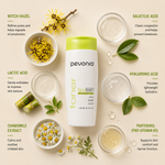 Pevonia SpaTeen Blemished Skin Toner ingredient flatlay featuring witch hazel, salicylic acid, lactic acid, hyaluronic acid, chamomile extract and panthenol arranged around the toner bottle on a soft neutral background