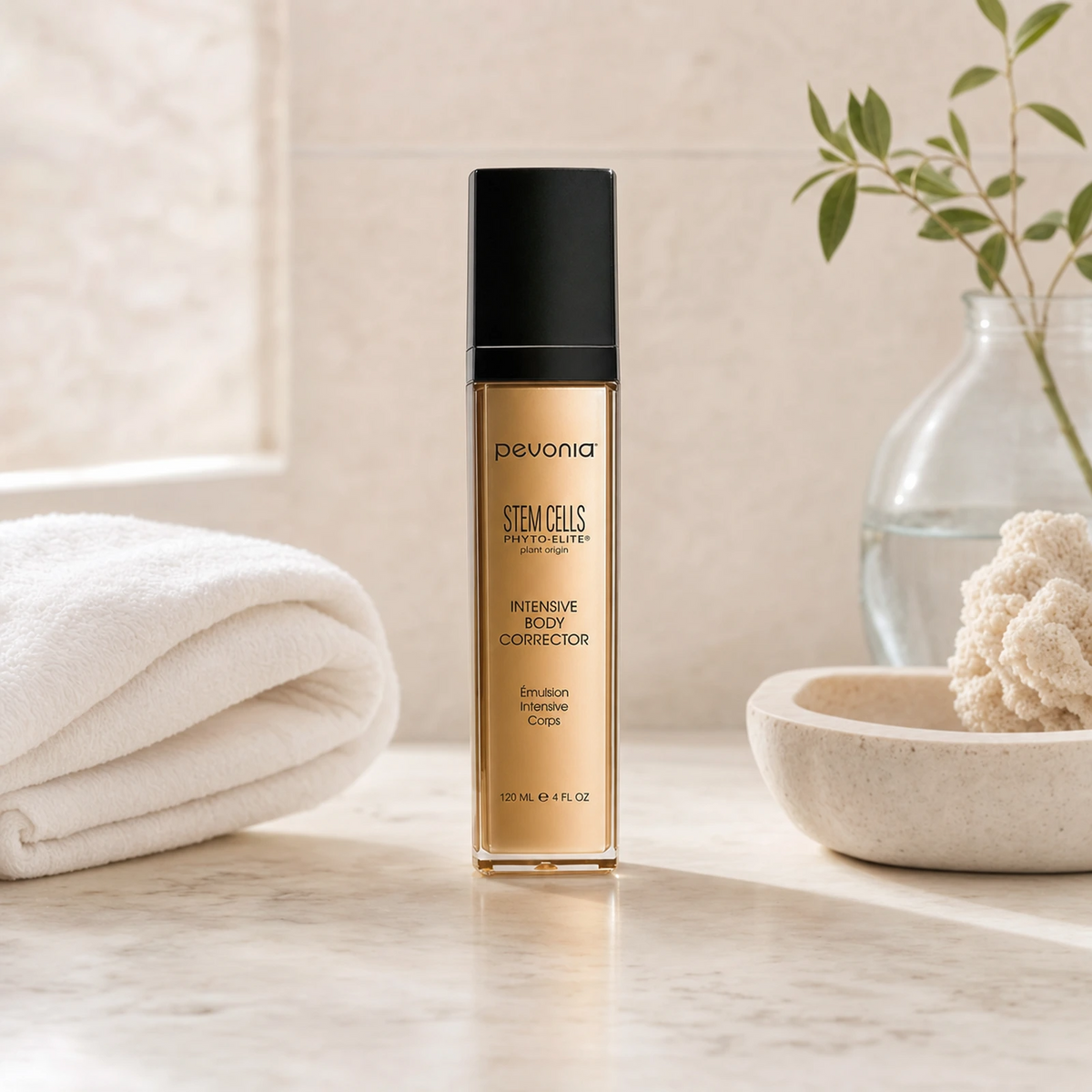 Pevonia Stem Cells Body Corrector 120ml on a luxury bathroom vanity for smoother, firmer and more radiant body skin