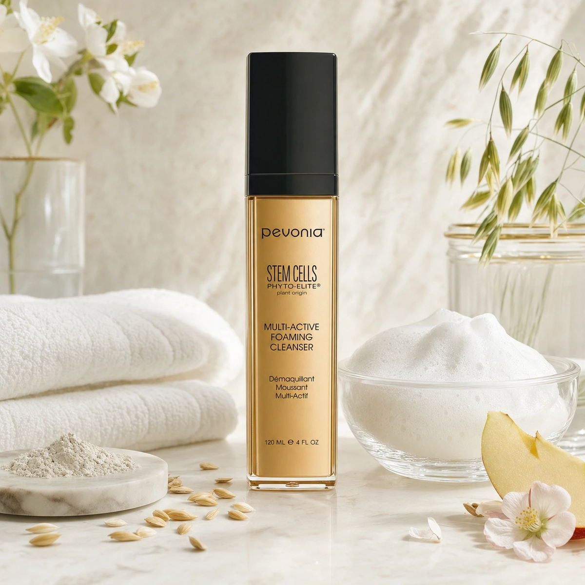 Pevonia Stem Cells Foaming Cleanser 120ml on a luxury bathroom vanity for mature, ageing and dehydrated skin