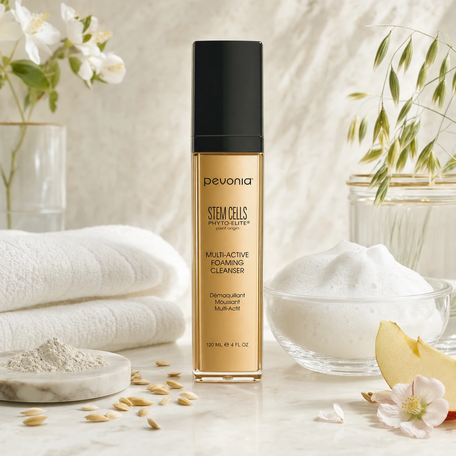Pevonia Stem Cells Foaming Cleanser 120ml on a luxury bathroom vanity for mature, ageing and dehydrated skin