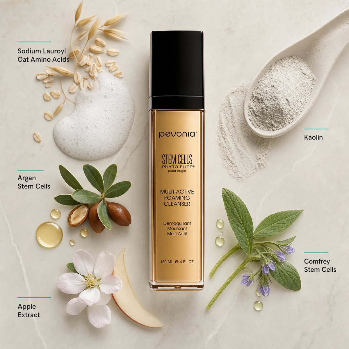 Pevonia Stem Cells Foaming Cleanser 120ml ingredient flatlay with Sodium Lauroyl Oat Amino Acids, Kaolin, Argan Stem Cells, Comfrey Stem Cells and Apple Extract