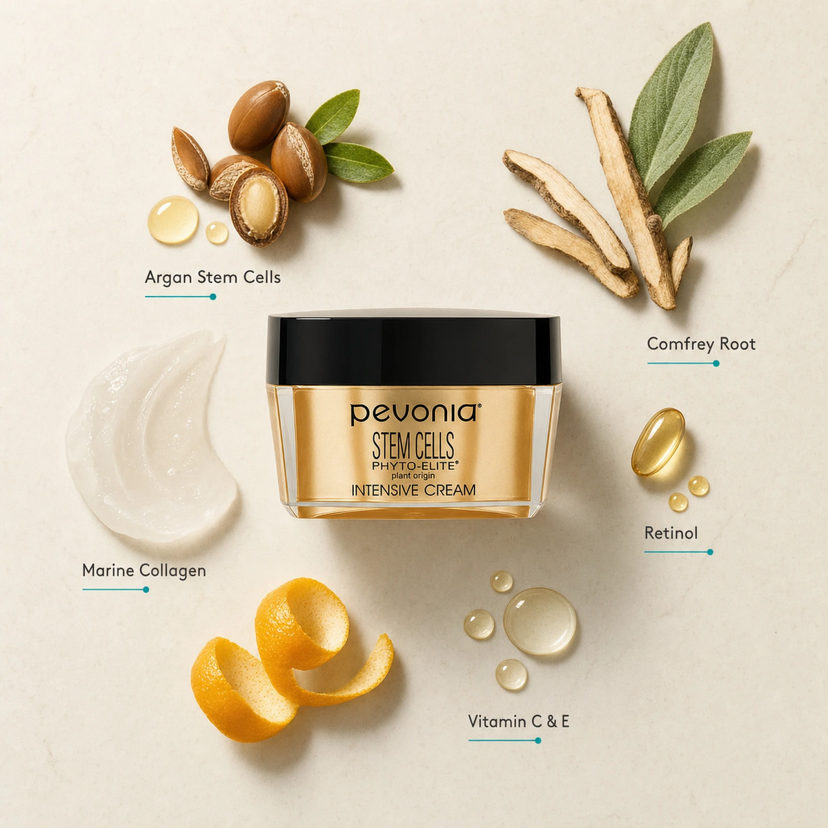 Pevonia Stem Cells Intensive Cream 50ml ingredient flatlay with Argan Stem Cells, Comfrey Root, Marine Collagen, Retinol and Vitamin C and E