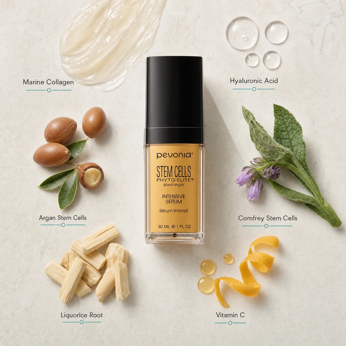 Pevonia Stem Cells Intensive Serum 30ml ingredient flatlay with Marine Collagen, Hyaluronic Acid, Argan Stem Cells, Comfrey Stem Cells, Liquorice Root and Vitamin C