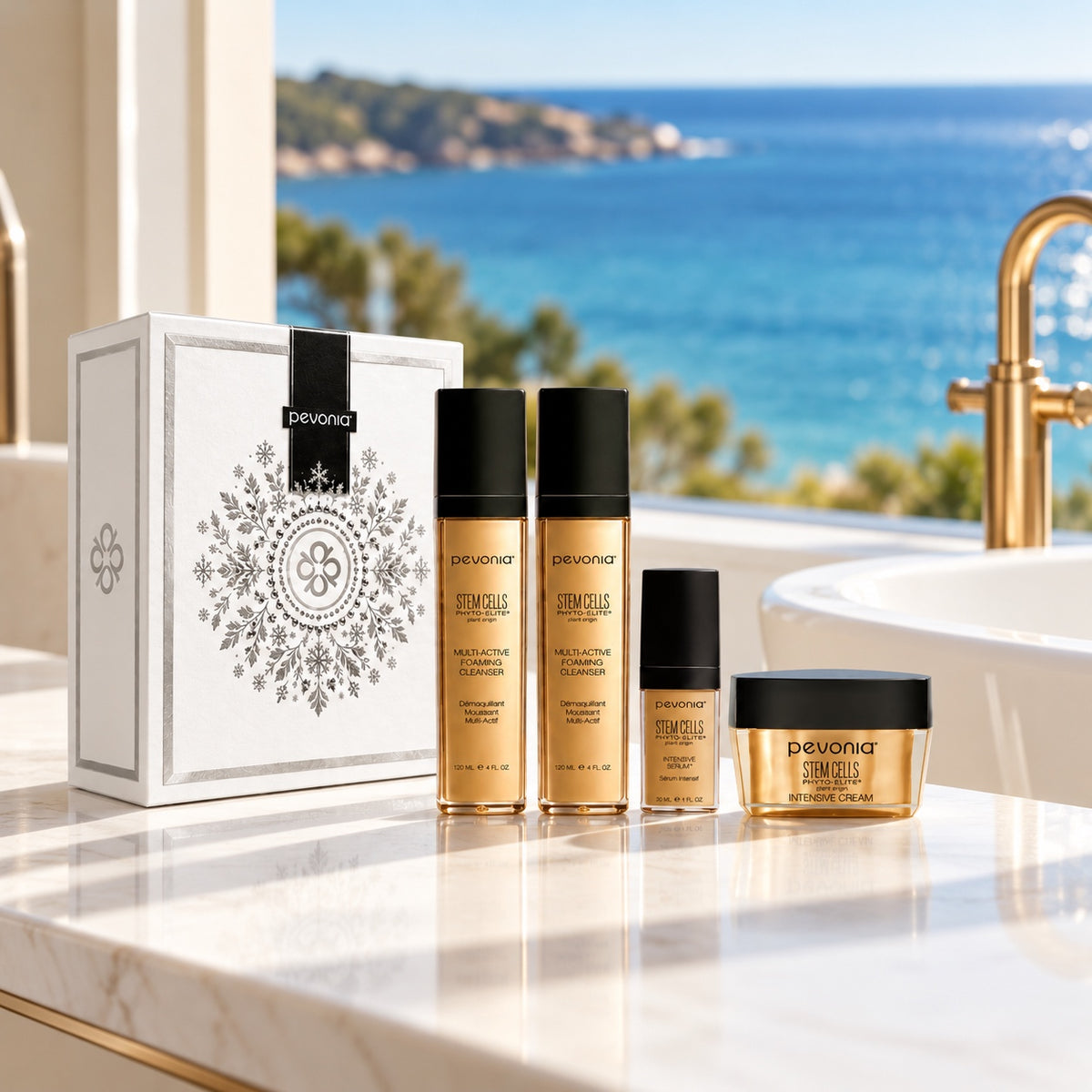 PEVONIA STEM CELLS REJUVENATION GIFT BOX in an Australian summer Christmas setting. File: pevonia-stem-cells-rejuvenation-gift-box-australian-summer-2026.jpg