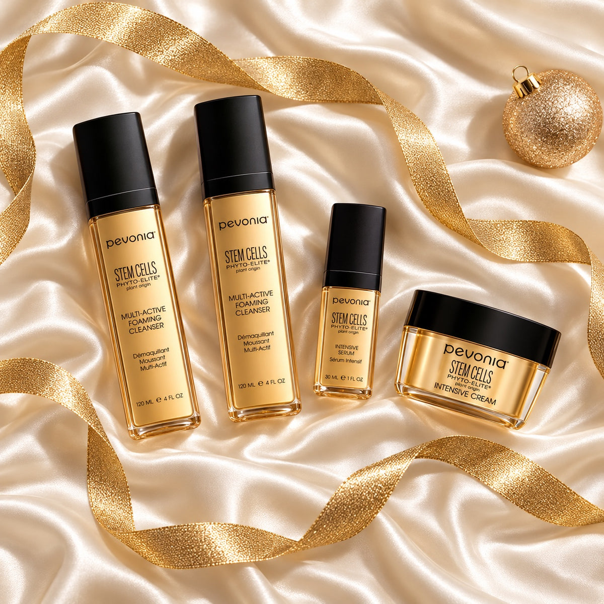 PEVONIA STEM CELLS REJUVENATION GIFT BOX arranged in a festive flatlay. File: pevonia-stem-cells-rejuvenation-gift-box-christmas-flatlay-2026.jpg