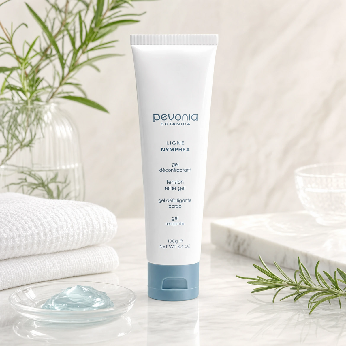 Pevonia Tension Relief Gel 100ml on a luxury bathroom vanity for tired muscles, heavy legs and sore feet