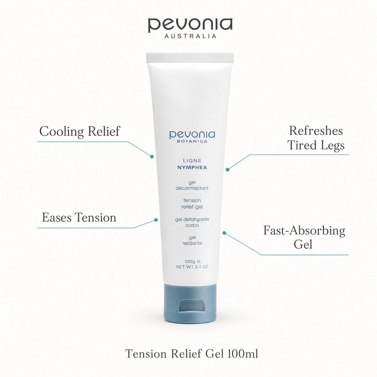 Pevonia Tension Relief Gel 100ml with benefits for cooling relief, tension, tired legs and fast absorption
