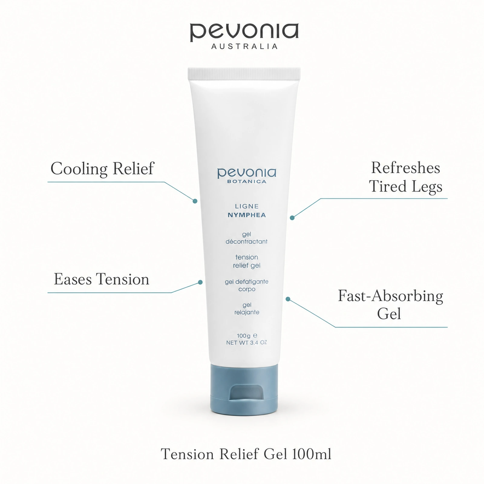Pevonia Tension Relief Gel 100ml with benefits for cooling relief, tension, tired legs and fast absorption