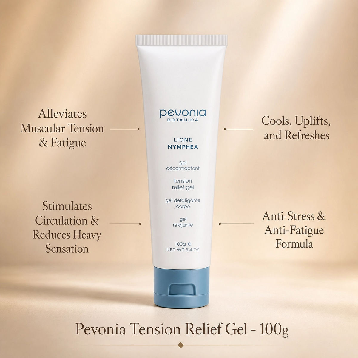 Sophisticated product ad for Pevonia Tension Relief Gel 100g featuring a warm beige background and elegant serif typography highlighting anti-fatigue benefits.
