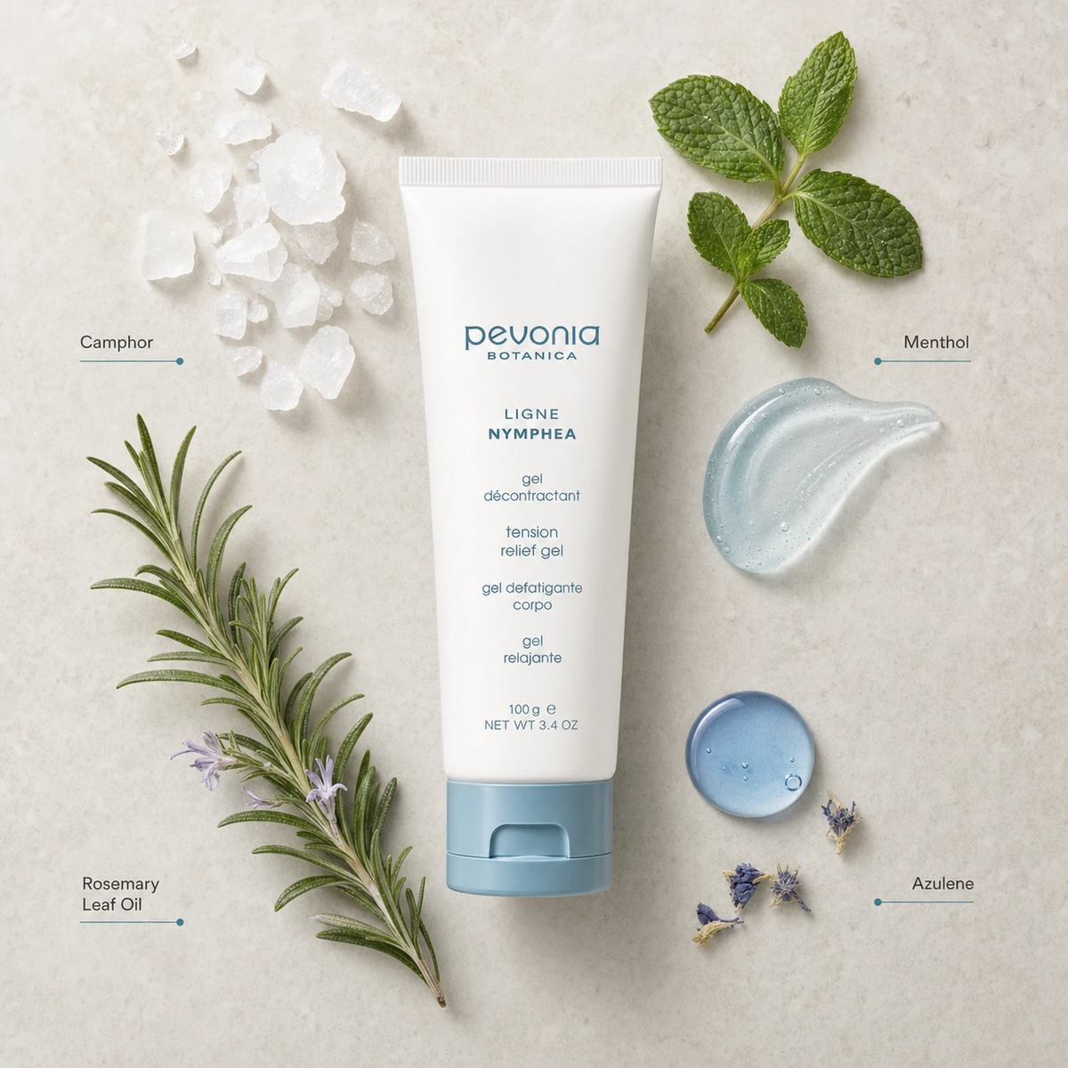 Pevonia Tension Relief Gel 100ml ingredient flatlay with Camphor, Menthol, Rosemary Leaf Oil and Azulene