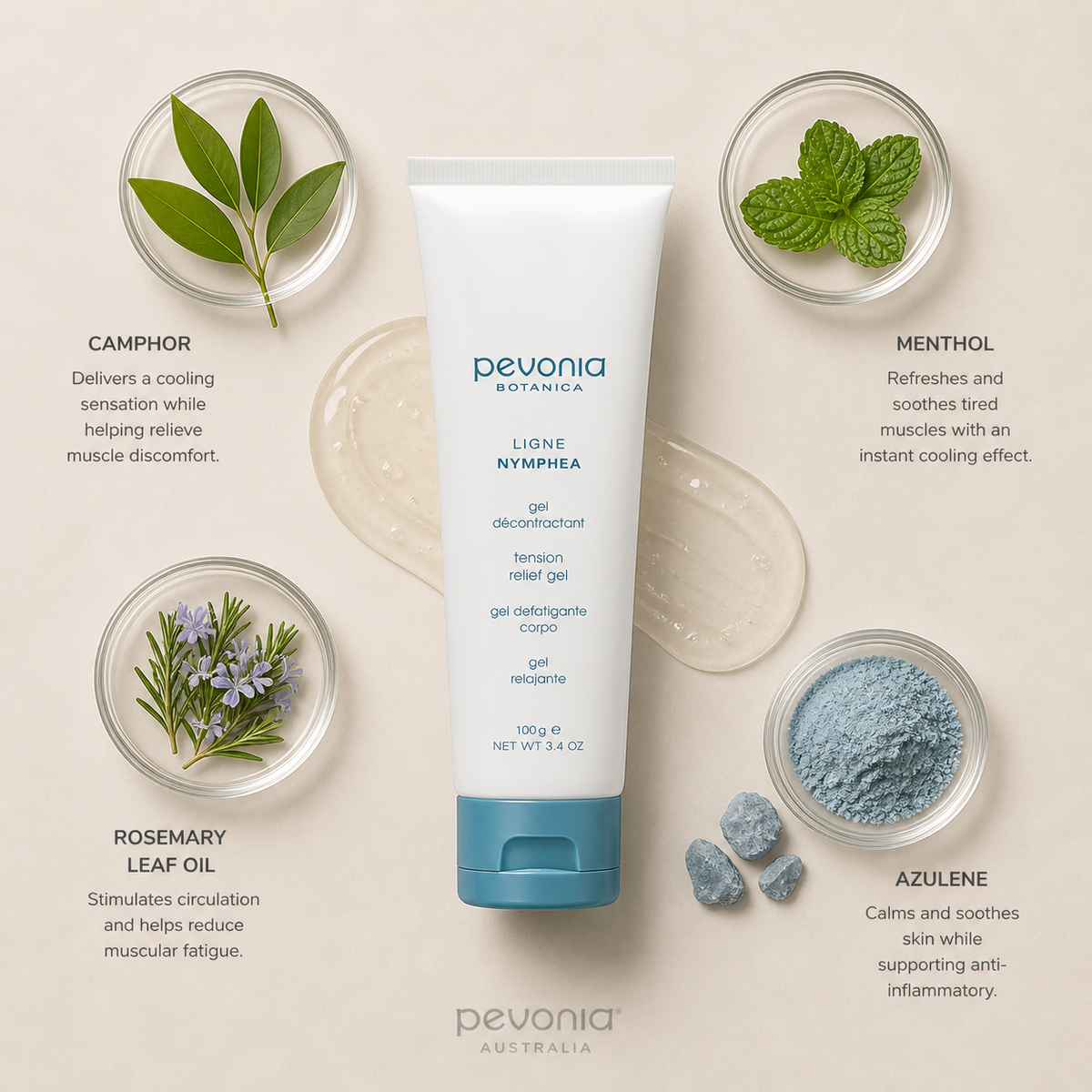 Pevonia Botanica Nymphea Tension Relief Gel flatlay featuring camphor, menthol, rosemary leaf oil, and azulene ingredients arranged in glass dishes around product on soft neutral background with subtle Pevonia watermark