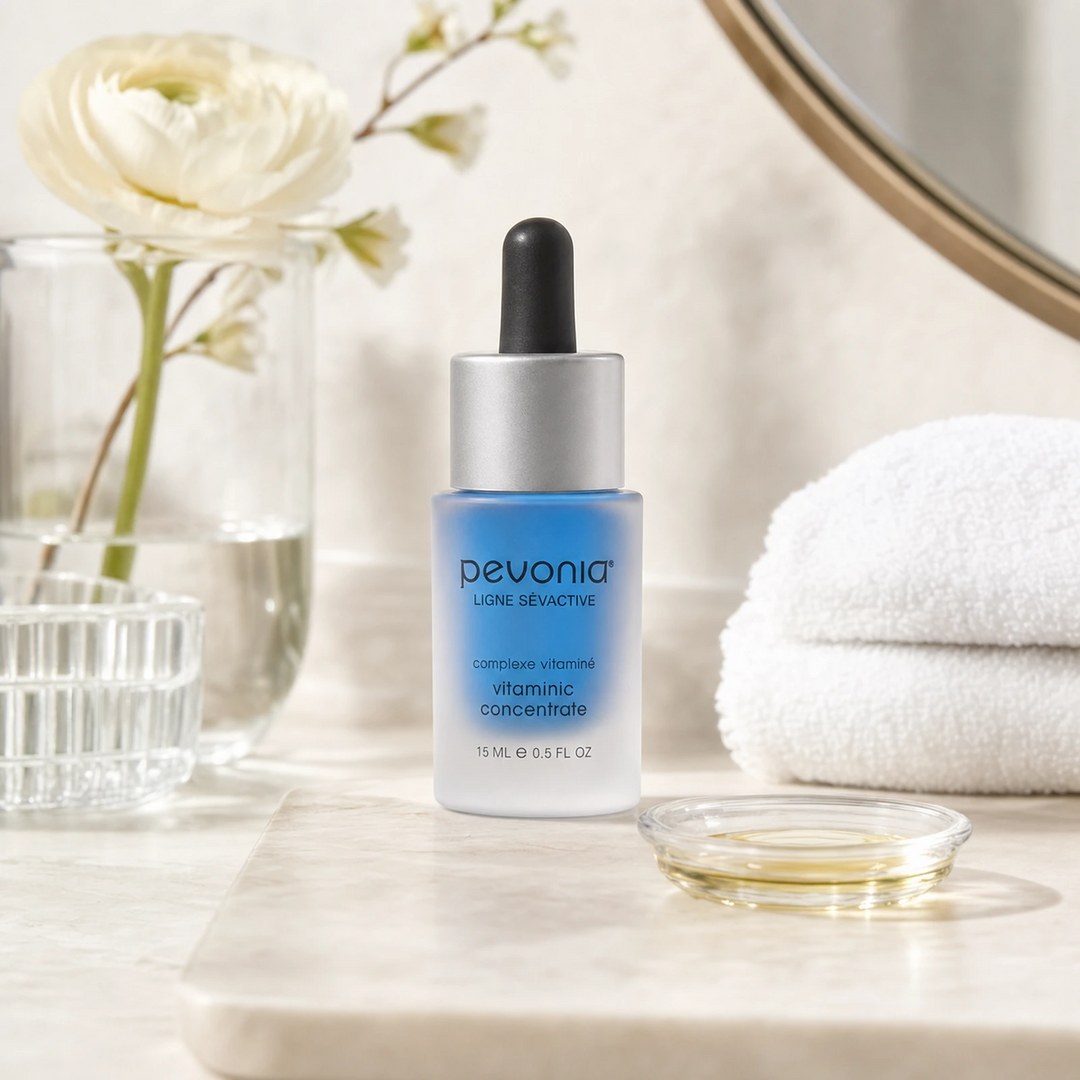 Pevonia Vitaminic Concentrate 15ml on a luxury bathroom vanity for dry, dull and dehydrated skin
