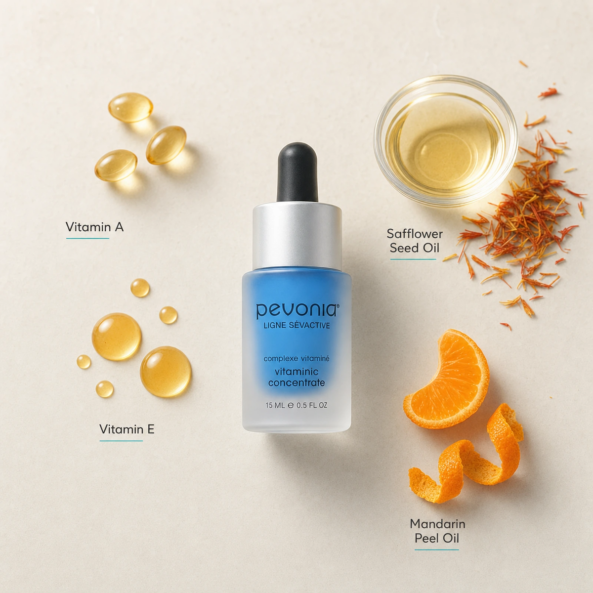 Pevonia Vitaminic Concentrate 15ml ingredient flatlay with Vitamin A, Vitamin E, Safflower Seed Oil and Mandarin Peel Oil