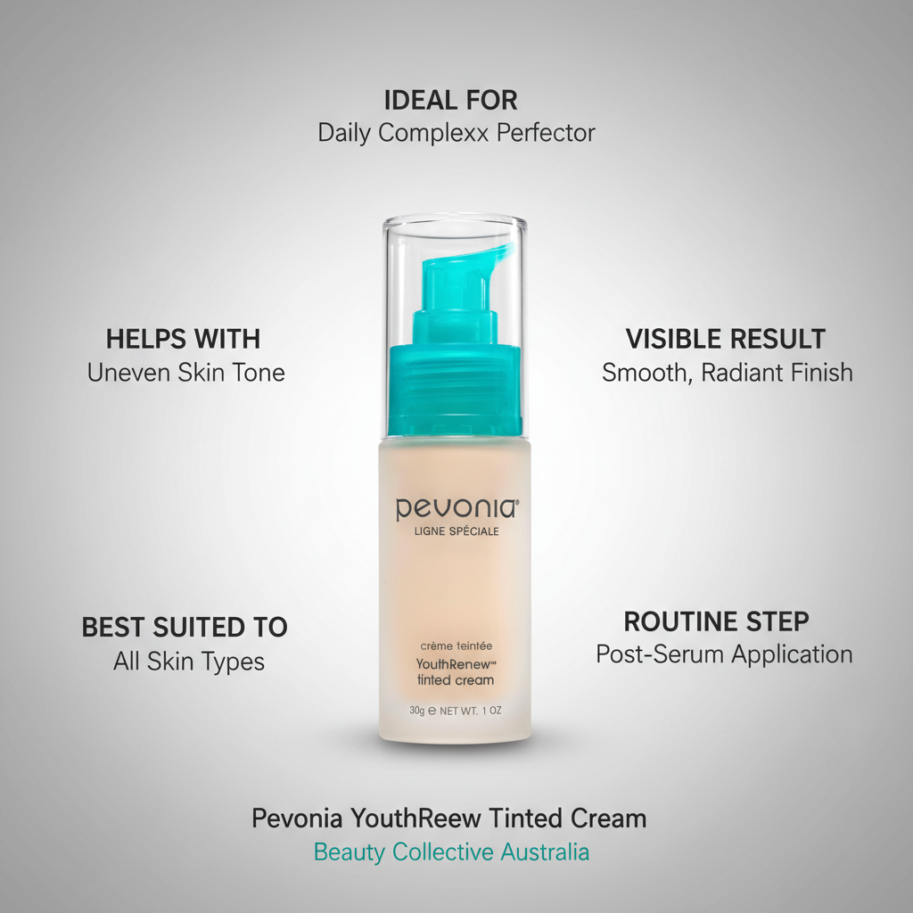 Pevonia Youth Renew tinted cream bottle with usage and benefits including daily complexion perfecter, smooth radiant finish, suitable for all skin types, and post-serum application