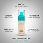 Pevonia Youth Renew tinted cream bottle with usage and benefits including daily complexion perfecter, smooth radiant finish, suitable for all skin types, and post-serum application