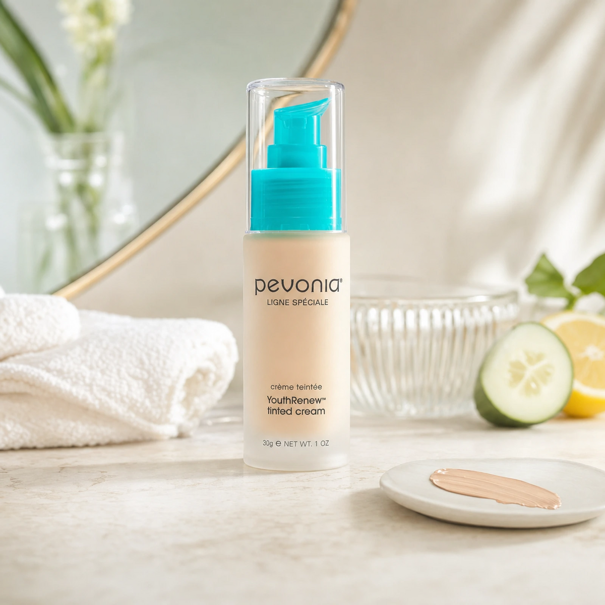 Pevonia YouthRenew Tinted Cream 30ml on a luxury bathroom vanity for dull, uneven and ageing skin