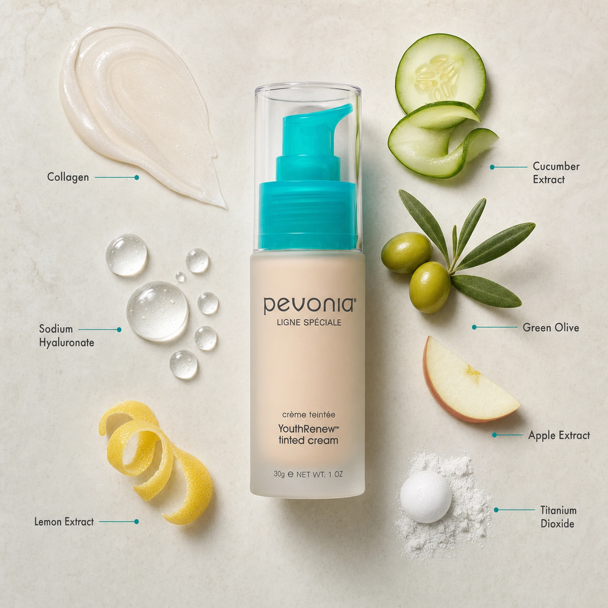 Pevonia YouthRenew Tinted Cream 30ml ingredient flatlay with Collagen, Sodium Hyaluronate, Lemon Extract, Cucumber Extract, Green Olive, Apple Extract and Titanium Dioxide