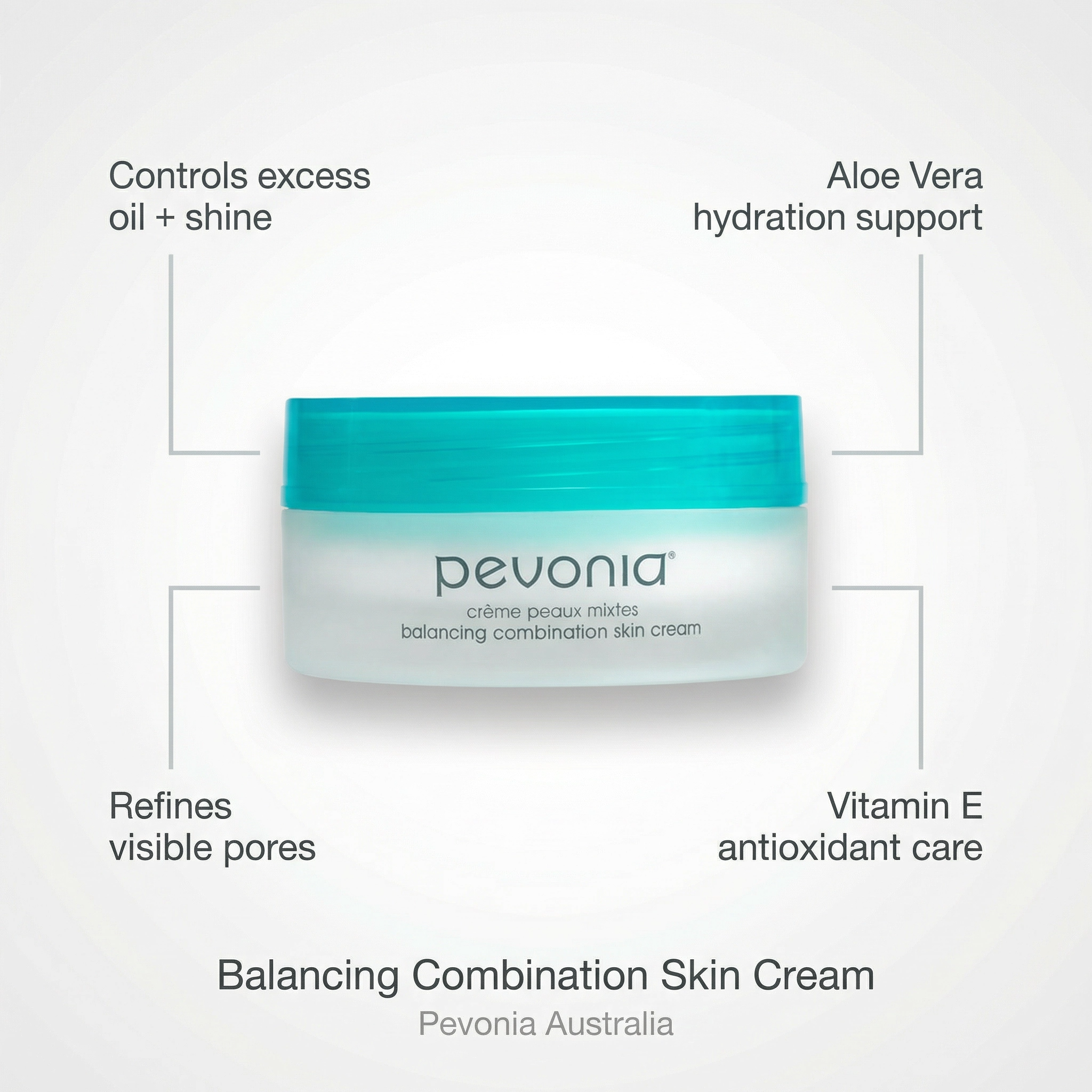 Pevonia Balancing Combination Skin Cream jar with text highlighting benefits on a light gray background