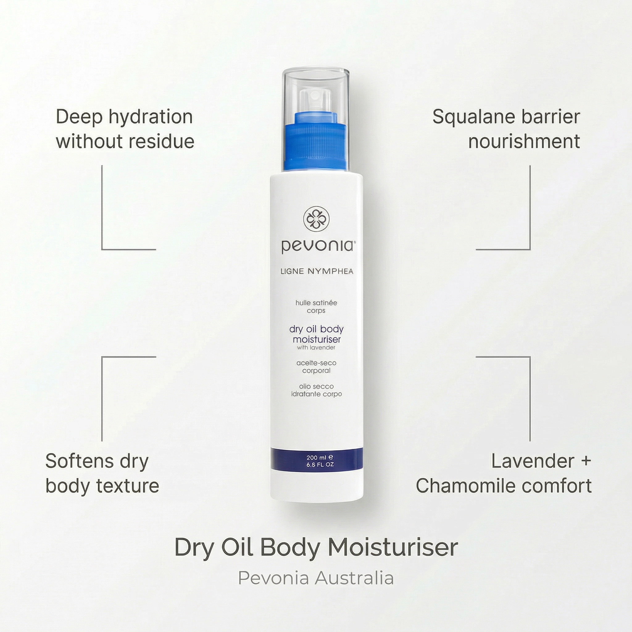 Pevonia dry oil body moisturizer bottle with text highlighting benefits on a white background