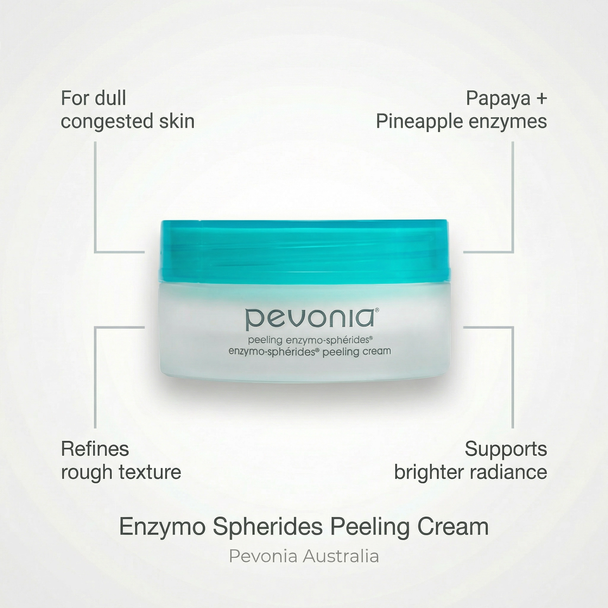 Pevonia Enzymo Spherides Peeling Cream jar with text on a white background