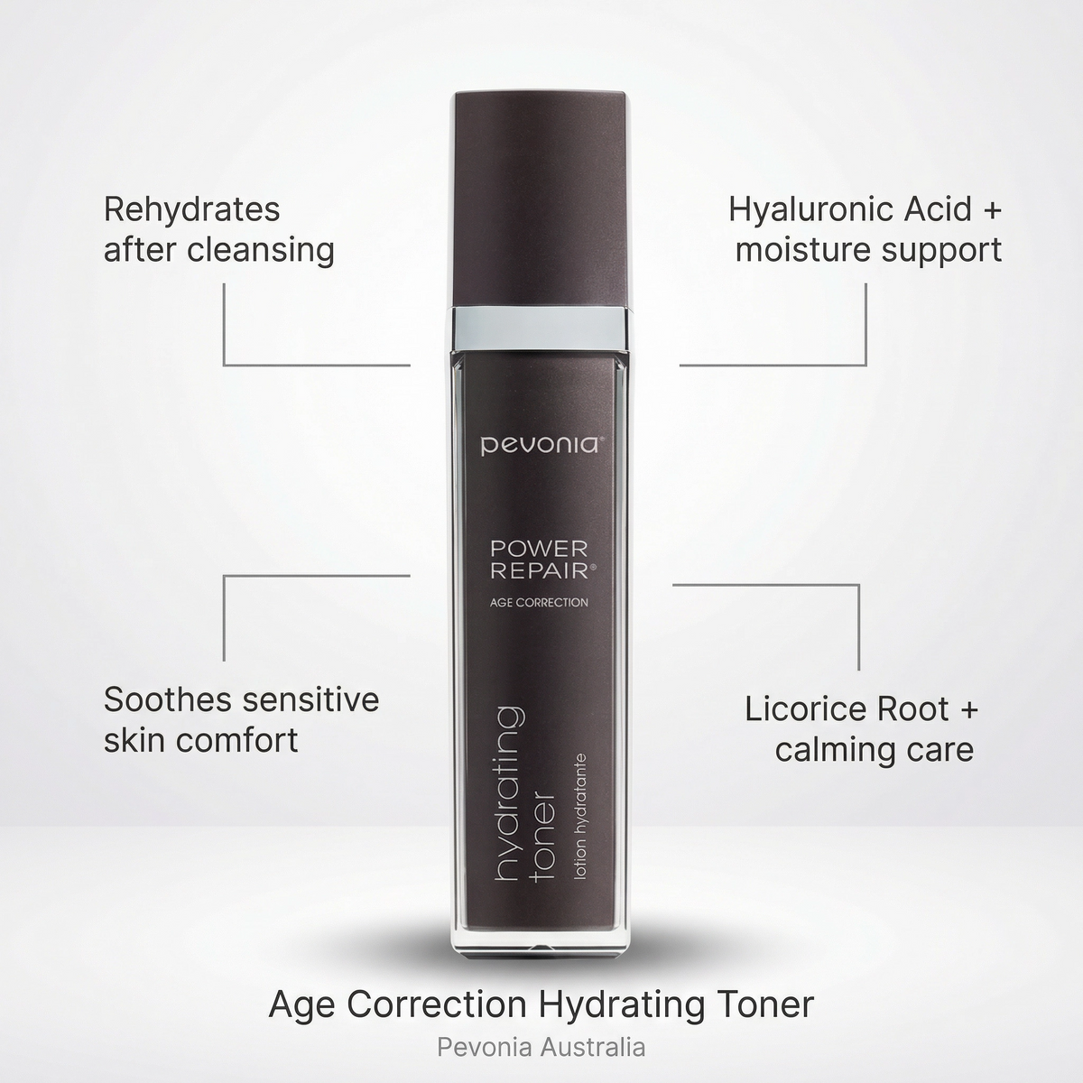 Pevonia Power Repair Age Correction Hydrating Toner bottle with connector line text of use and who it is for and ingredients on a grey background