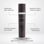 Pevonia Power Repair Age Correction Hydrating Toner bottle with connector line text of use and who it is for and ingredients on a grey background
