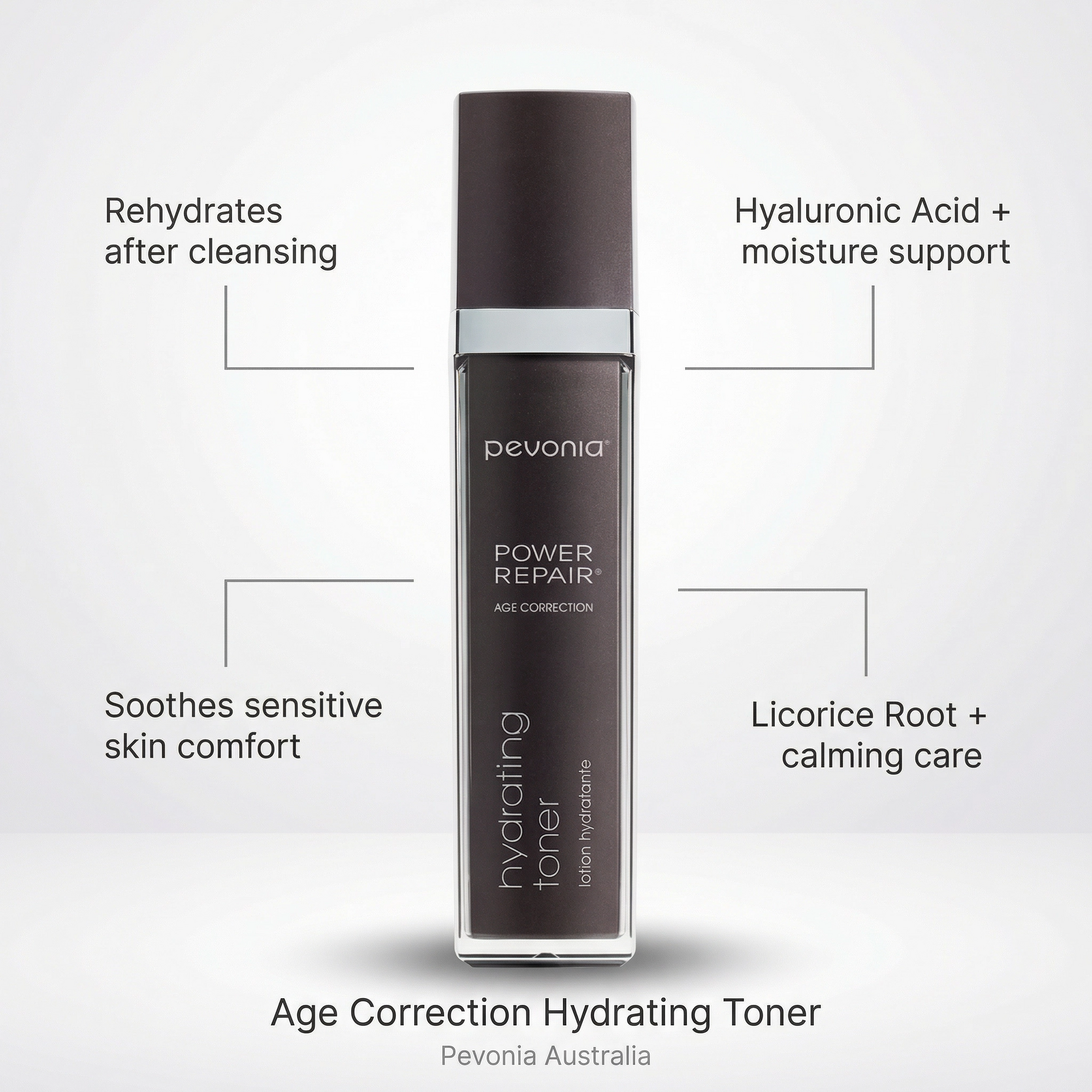 Pevonia Power Repair Age Correction Hydrating Toner bottle with connector line text of use and who it is for and ingredients on a grey background
