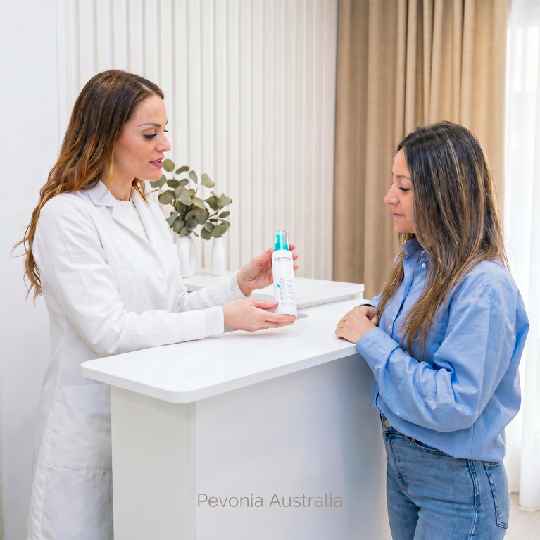 Doctor in a white coat explaining something to a patient in a clinical setting with 'Pevonia Australia' branding.
