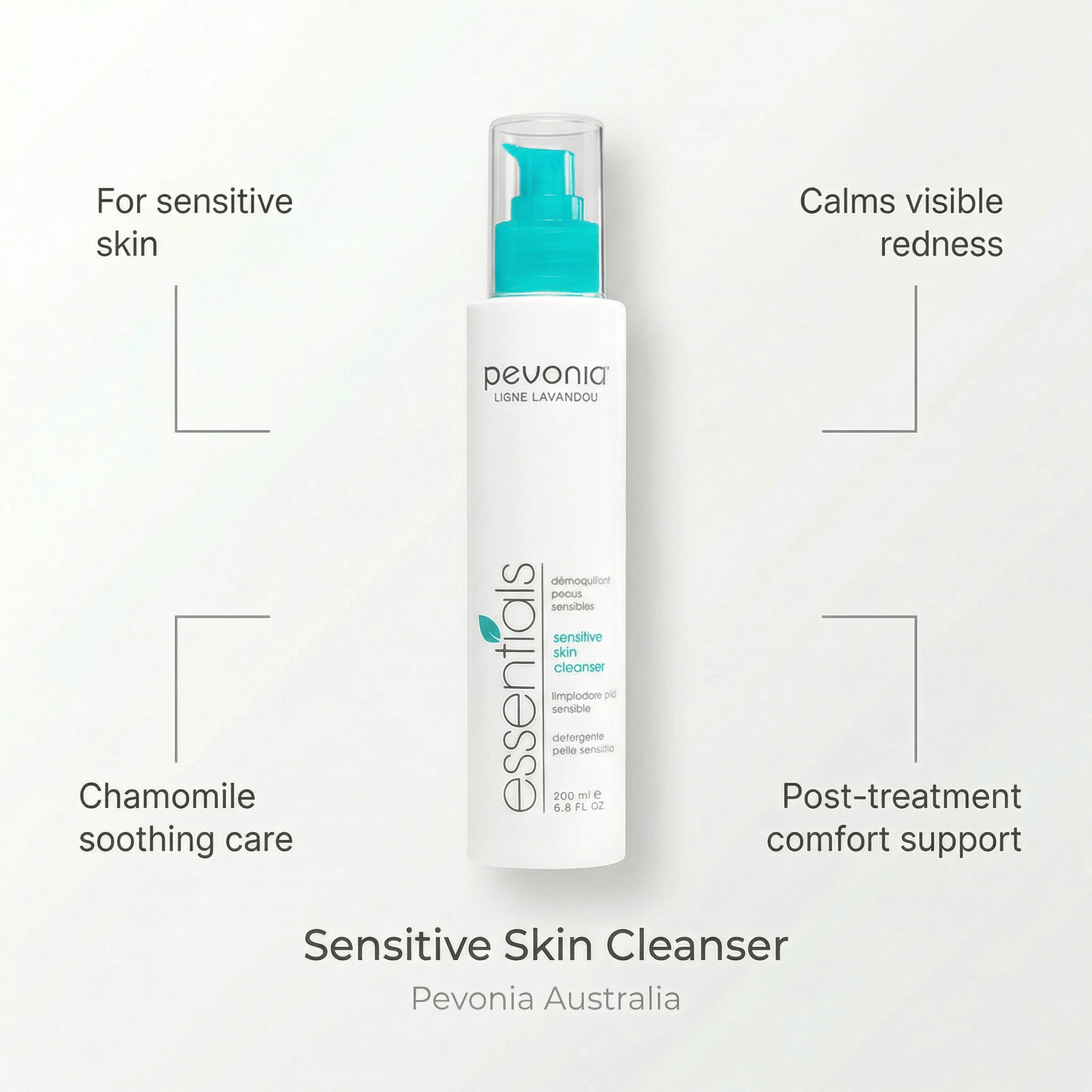Pevonia Australia sensitive skin cleanser bottle on a white background with text highlighting benefits.