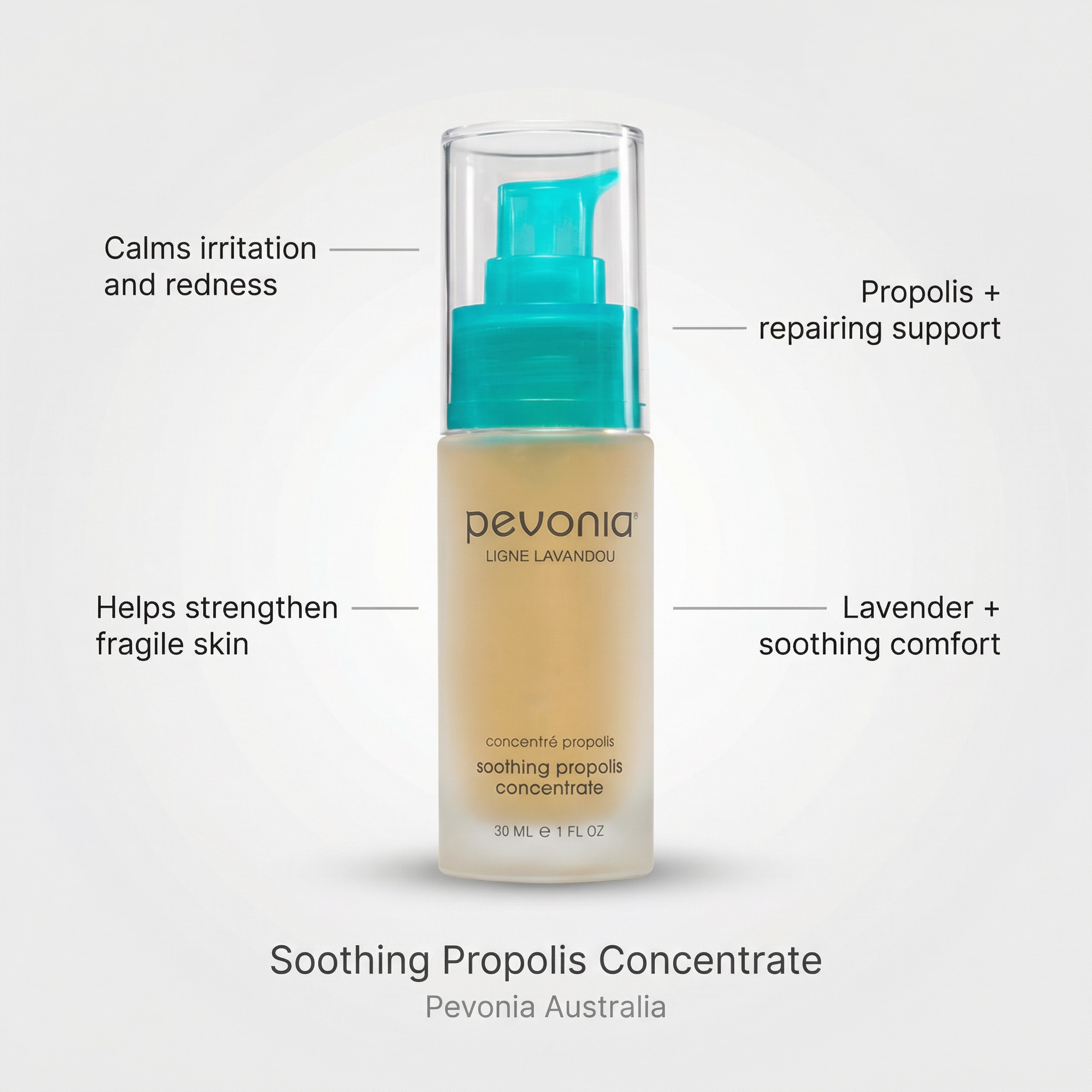 Pevonia Soothing Propolis Concentrate bottle with text highlighting its benefits on a light gray background