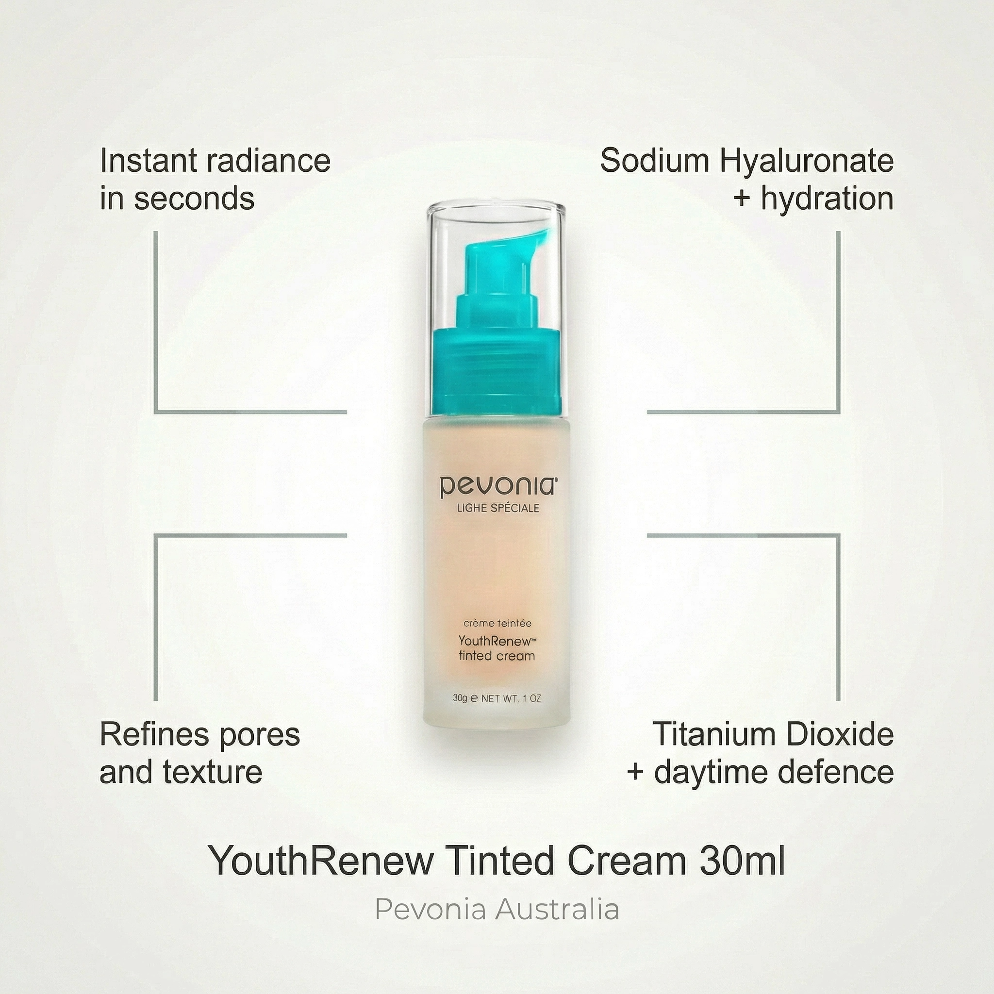 Pevonia YouthRenew Tinted Cream 30ml bottle with features listed on a white background