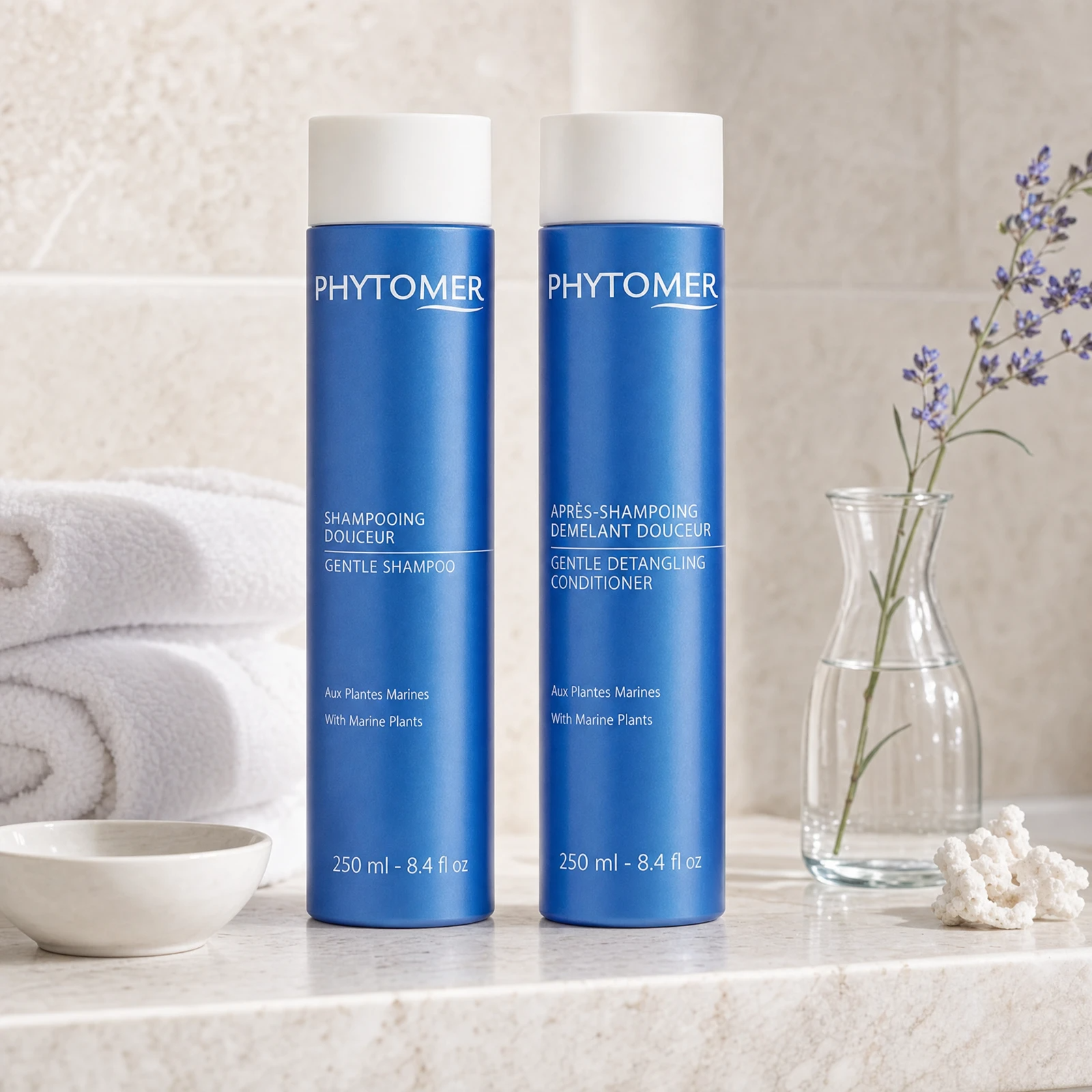 Phytomer Gentle Detangling Conditioner and Cleanser with Marine Plants both 250ml on a marble bathroom shelf with lavender, glass vessel, white towels and ceramic dish, premium at-home haircare setting.