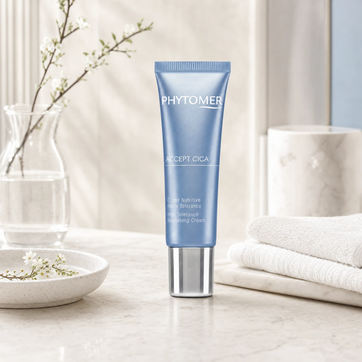 Phytomer Accept Cica High Tolerance Nourishing Cream 50ml on a marble bathroom vanity with ceramic dish, glass vessel with white botanicals and white towels, premium at-home skincare setting