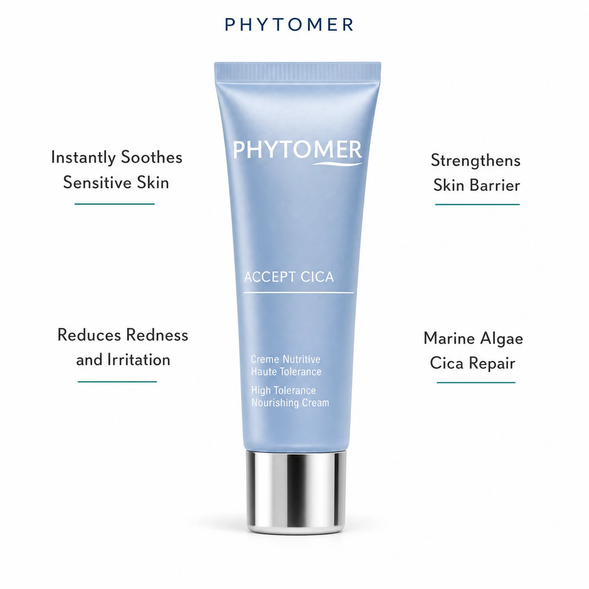 Phytomer Accept Cica High Tolerance Nourishing Cream 50ml with four benefit callouts: Instantly Soothes Sensitive Skin, Reduces Redness and Irritation, Strengthens Skin Barrier, Marine Algae Cica Repair
