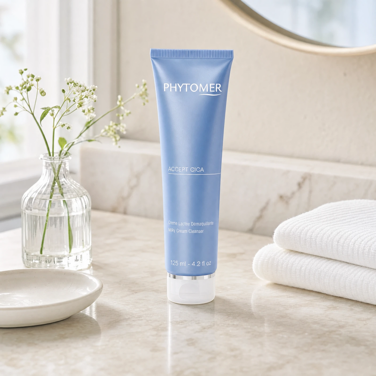 Phytomer Accept Cica Milky Cream Cleanser 125ml on a marble bathroom vanity with ceramic tray, glass vessel with botanicals and white towels, premium at-home skincare setting
