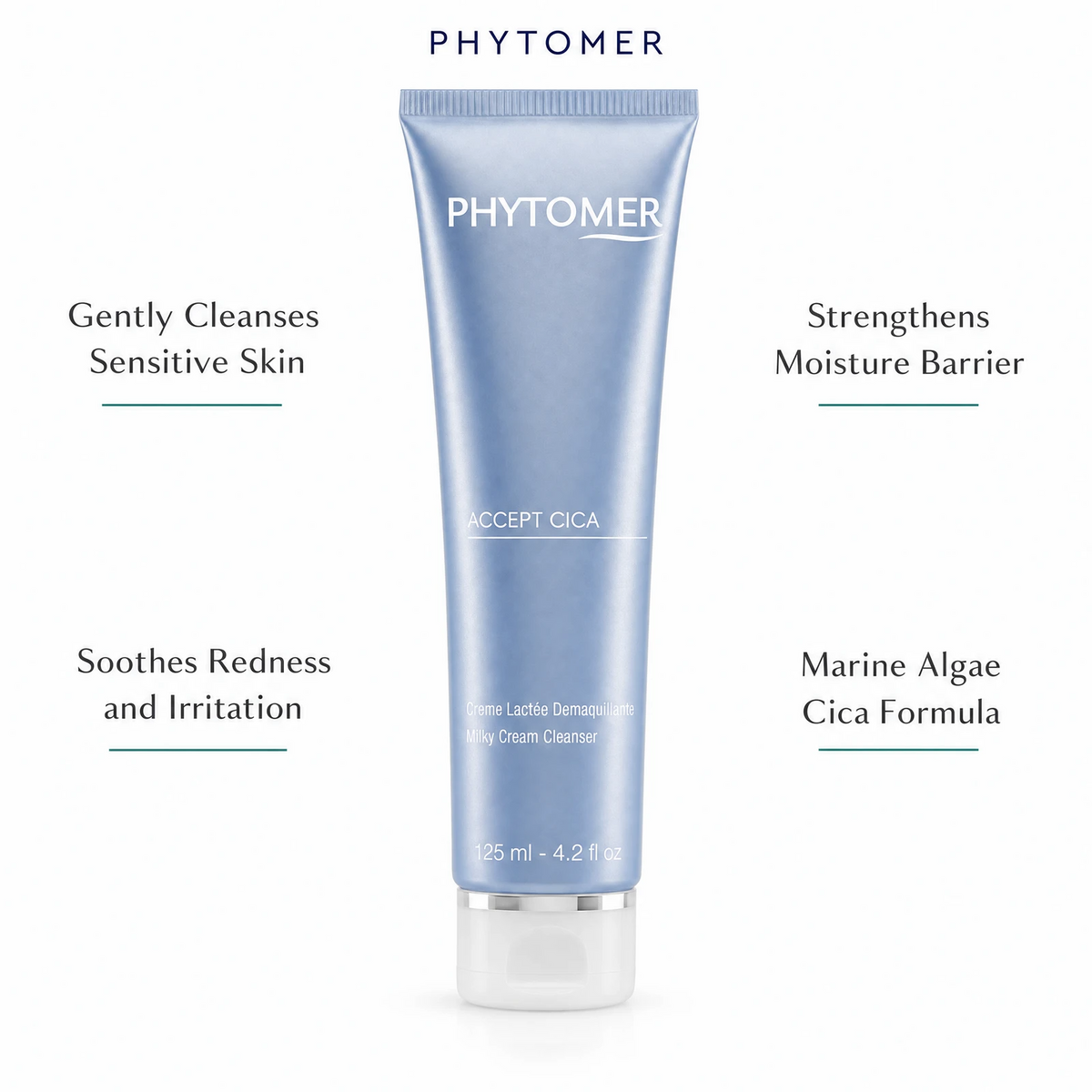 Phytomer Accept Cica Milky Cream Cleanser 125ml with four benefit callouts: Gently Cleanses Sensitive Skin, Soothes Redness and Irritation, Strengthens Moisture Barrier, Marine Algae Cica Formula