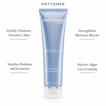 Phytomer Accept Cica Milky Cream Cleanser 125ml with four benefit callouts: Gently Cleanses Sensitive Skin, Soothes Redness and Irritation, Strengthens Moisture Barrier, Marine Algae Cica Formula