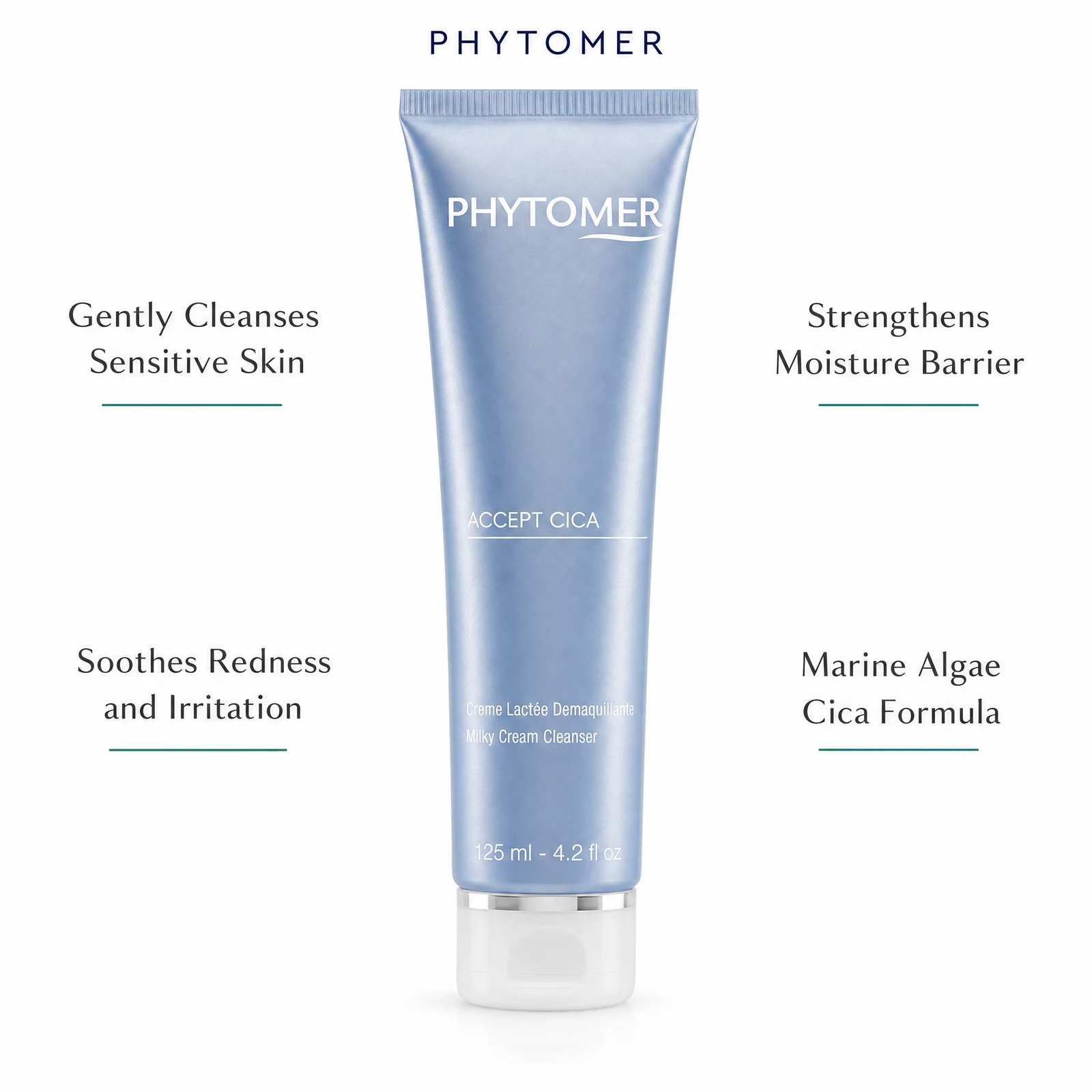 Phytomer Accept Cica Milky Cream Cleanser 125ml with four benefit callouts: Gently Cleanses Sensitive Skin, Soothes Redness and Irritation, Strengthens Moisture Barrier, Marine Algae Cica Formula