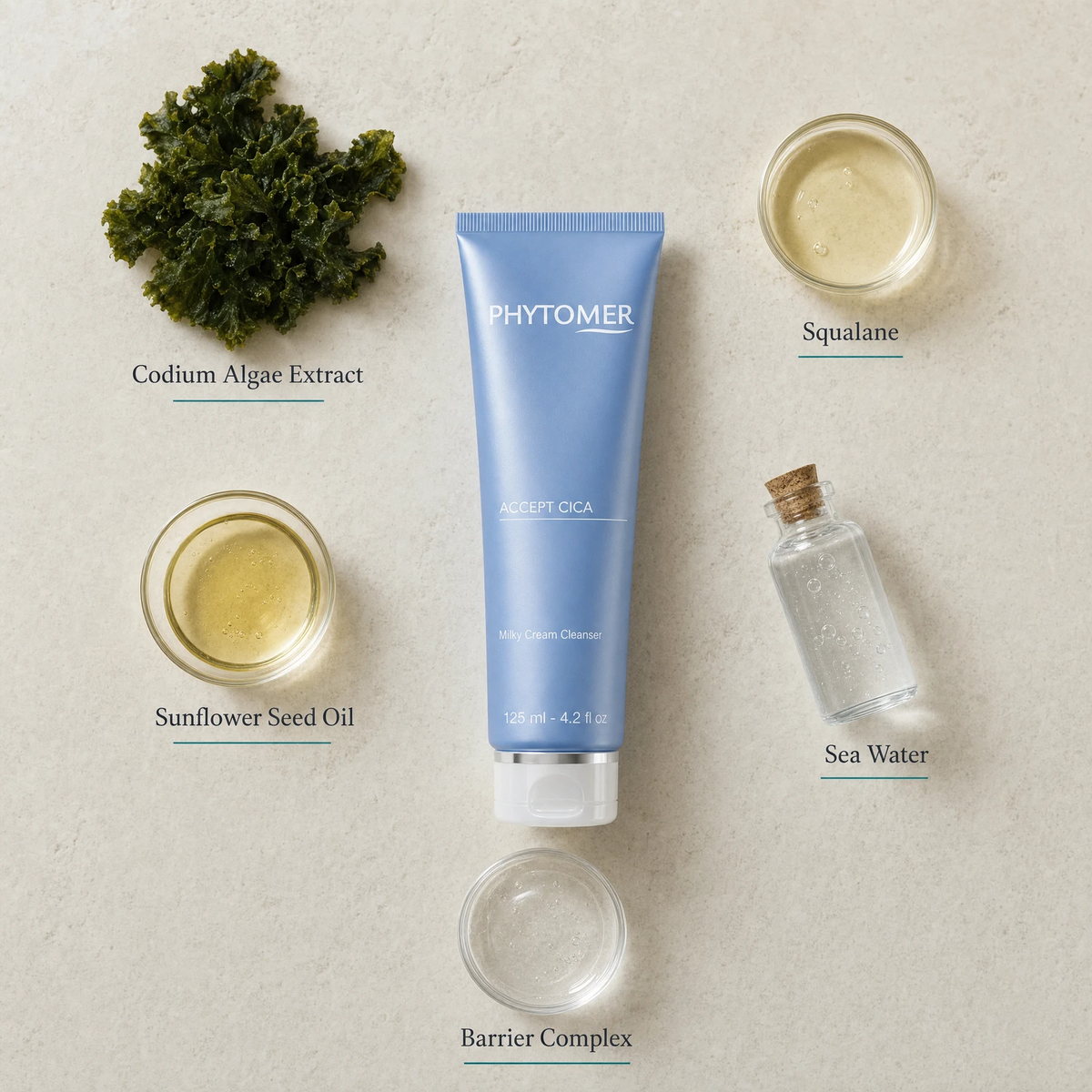 Phytomer Accept Cica Milky Cream Cleanser 125ml flatlay on limestone surface with Codium Algae Extract, Squalane, Sunflower Seed Oil, Sea Water, and Barrier Complex