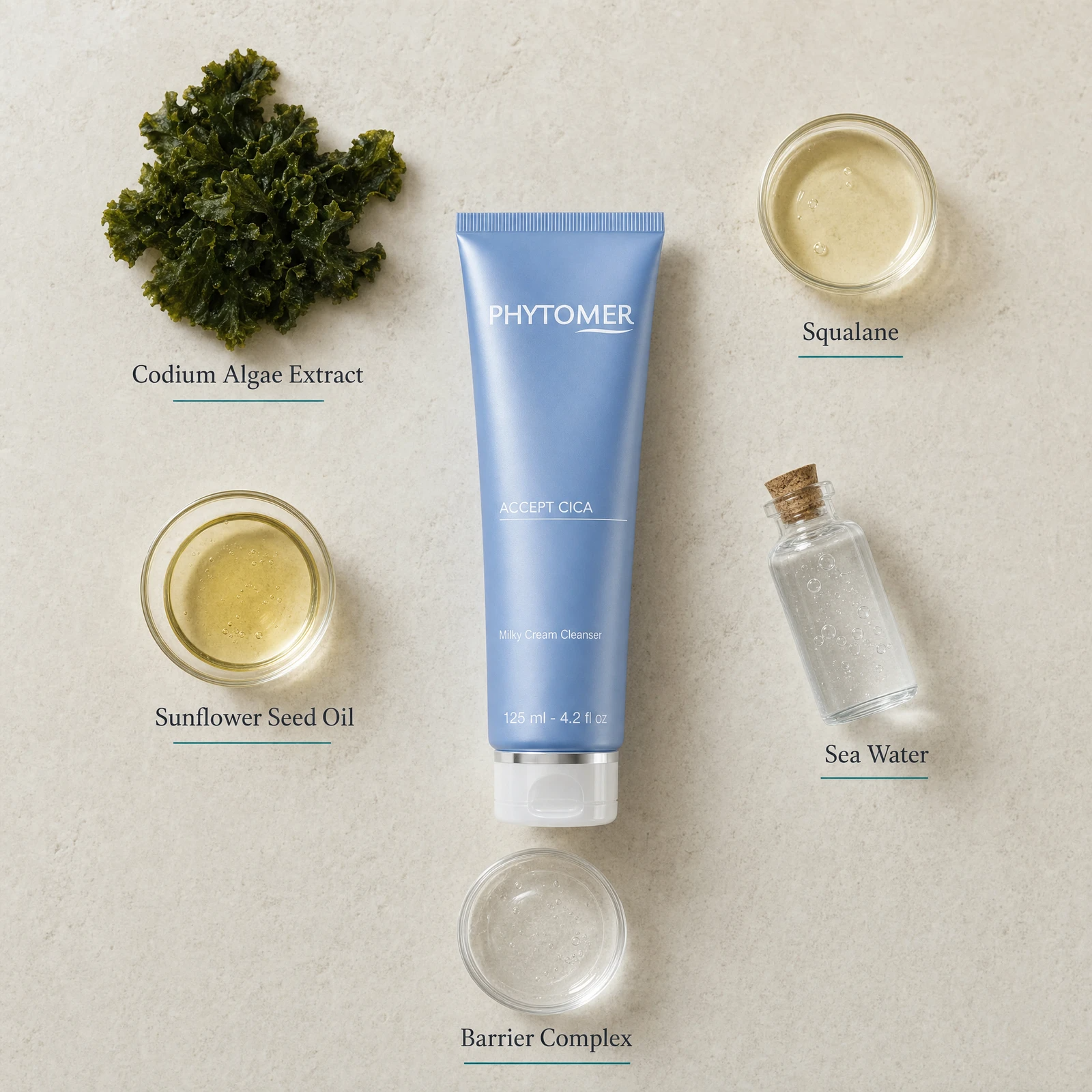 Phytomer Accept Cica Milky Cream Cleanser 125ml flatlay on limestone surface with Codium Algae Extract, Squalane, Sunflower Seed Oil, Sea Water, and Barrier Complex