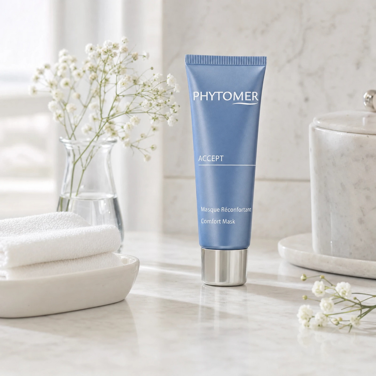 Phytomer Accept Comfort Mask 50ml on a marble bathroom vanity with white botanicals, glass vessel, white towels and ceramic tray, premium at-home skincare setting