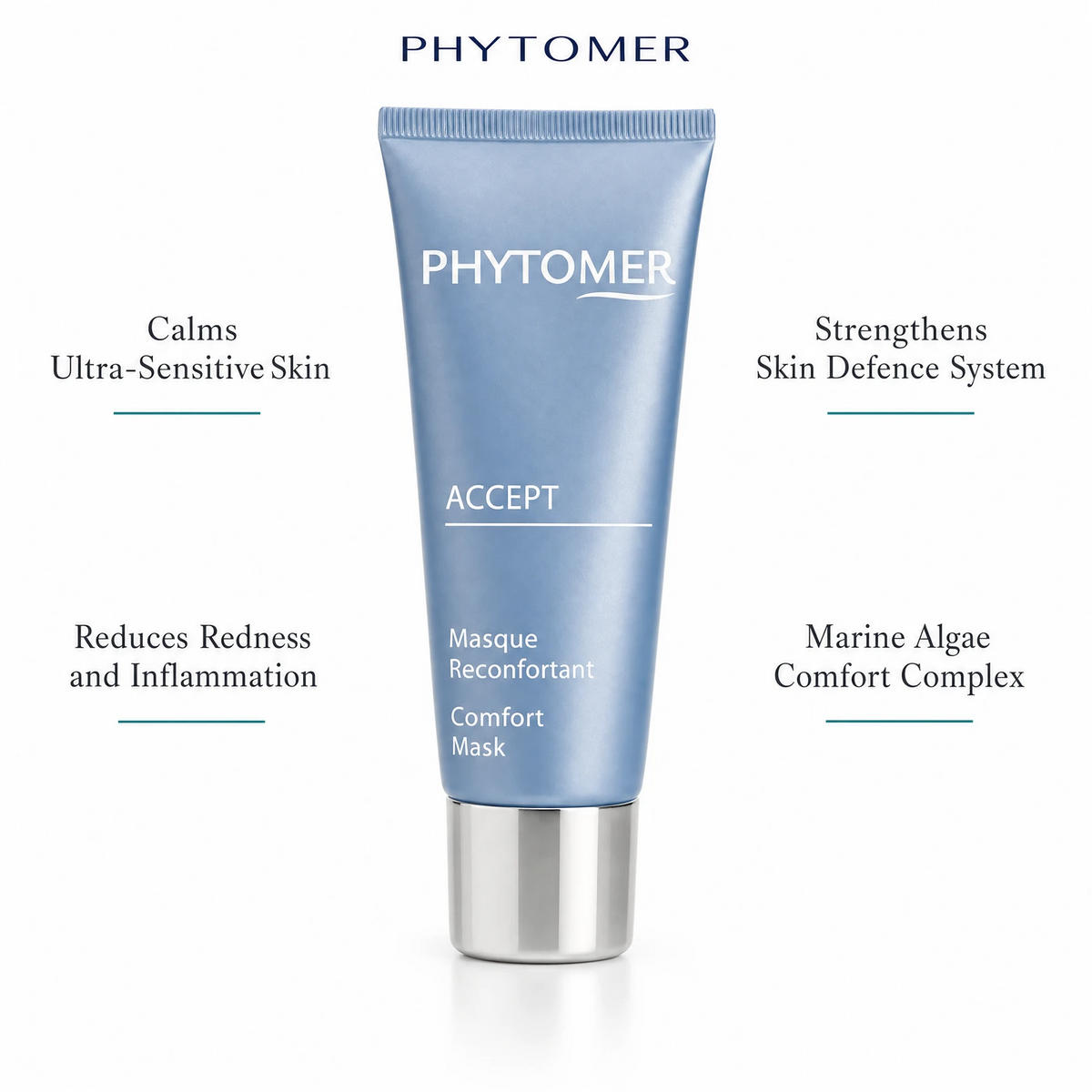 Phytomer Accept Comfort Mask 50ml with four benefit callouts: Calms Ultra-Sensitive Skin, Reduces Redness and Inflammation, Strengthens Skin Defence System, Marine Algae Comfort Complex