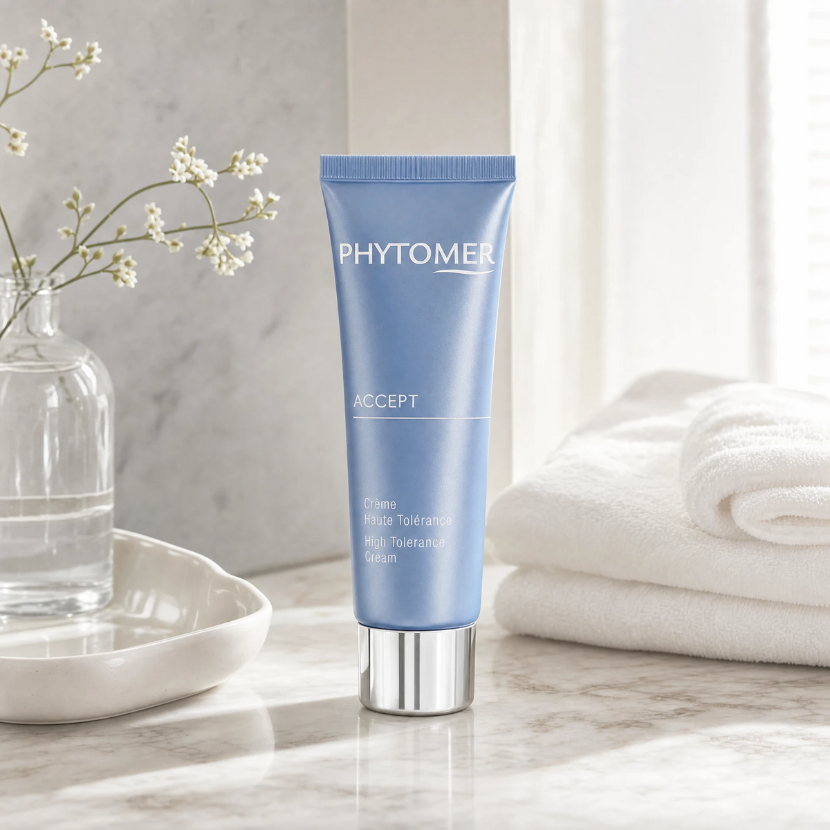 Phytomer Accept High Tolerance Cream 50ml on a marble bathroom vanity with white botanicals in glass vessel, white towels and ceramic tray, premium at-home skincare setting
