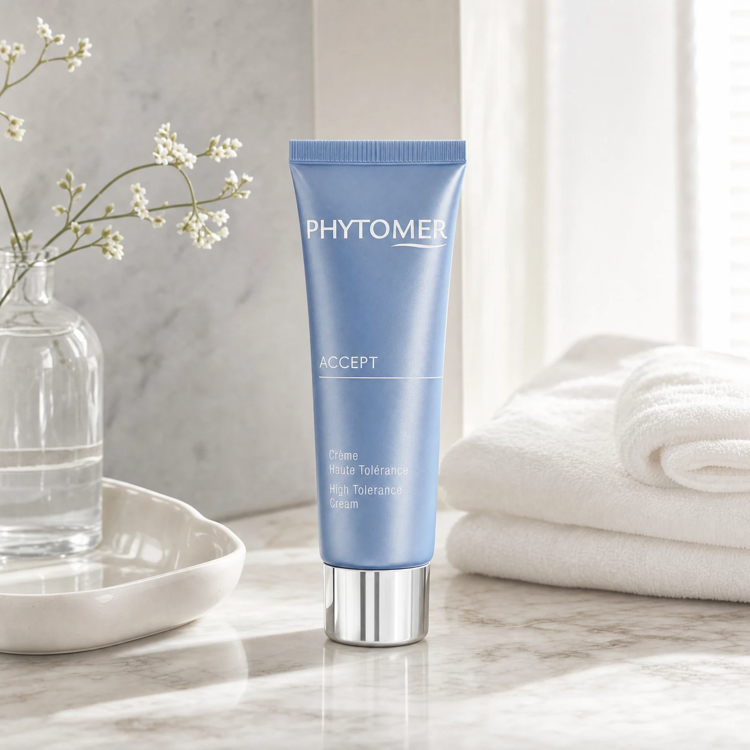 Phytomer Accept High Tolerance Cream 50ml on a marble bathroom vanity with white botanicals in glass vessel, white towels and ceramic tray, premium at-home skincare setting