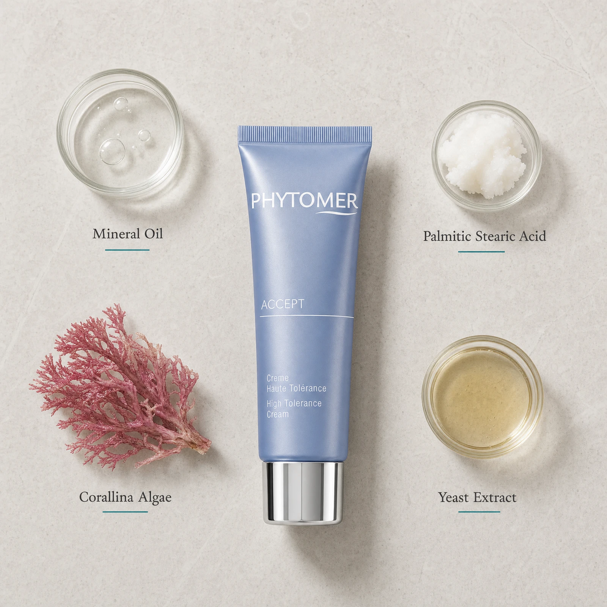 Phytomer Accept High Tolerance Cream 50ml flatlay on limestone surface with Mineral Oil, Palmitic Stearic Acid, Corallina Algae, and Yeast Extract