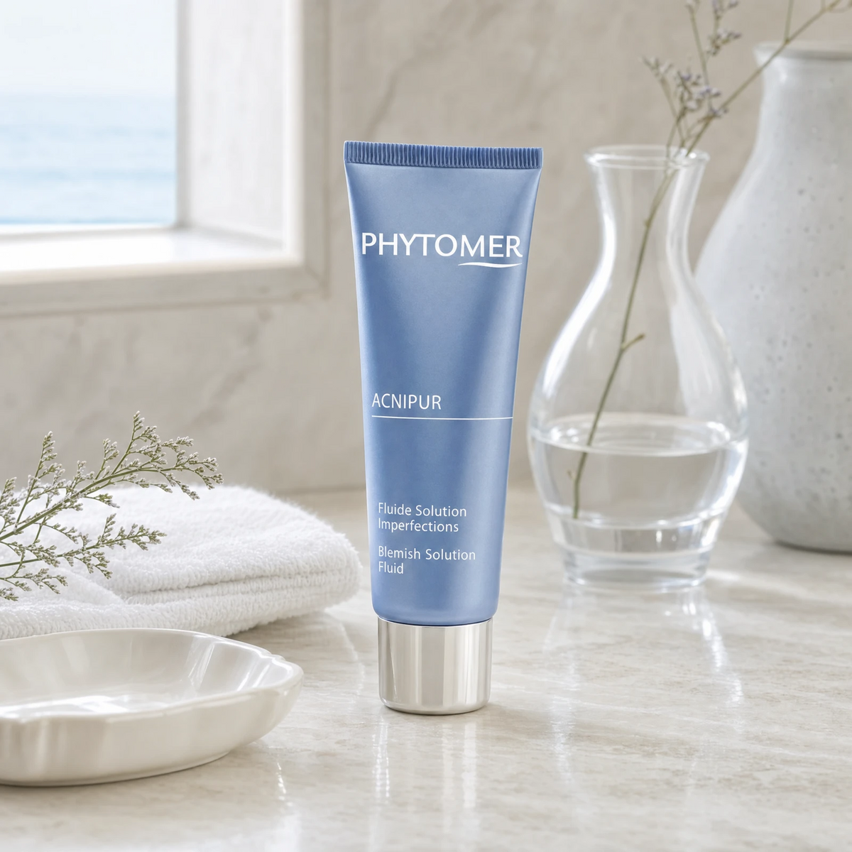 Phytomer Acnipur Blemish Solution Fluid 50ml on a marble bathroom vanity with glass vessel, botanical, white towels and ceramic dish, premium at-home skincare setting