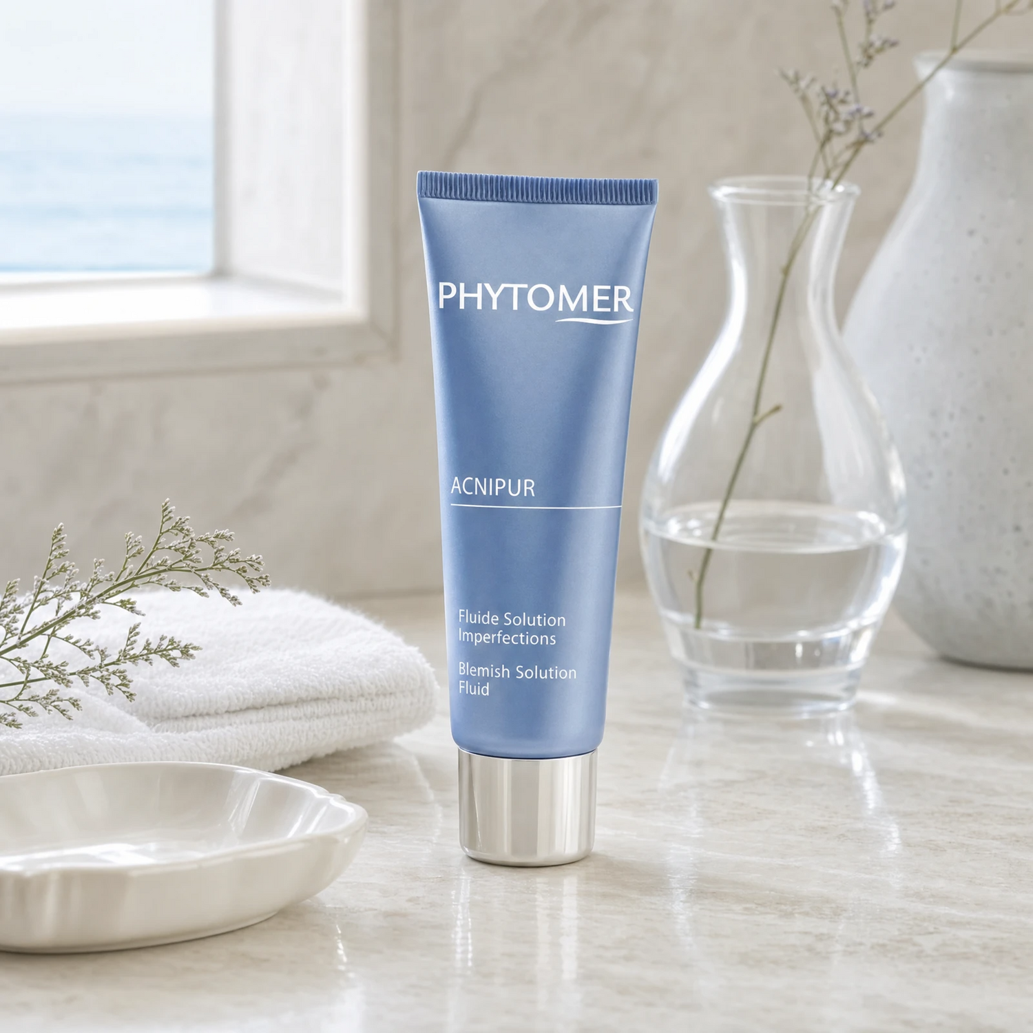 Phytomer Acnipur Blemish Solution Fluid 50ml on a marble bathroom vanity with glass vessel, botanical, white towels and ceramic dish, premium at-home skincare setting