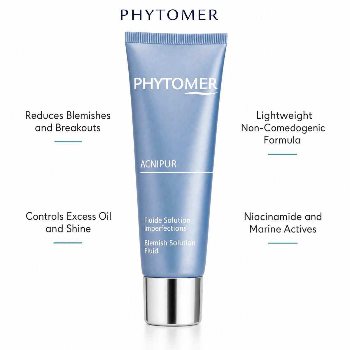 Phytomer Acnipur Blemish Solution Fluid 50ml with four benefit callouts: Reduces Blemishes and Breakouts, Controls Excess Oil and Shine, Lightweight Non-Comedogenic Formula, Niacinamide and Marine Actives