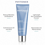 Phytomer Acnipur Blemish Solution Fluid 50ml with four benefit callouts: Reduces Blemishes and Breakouts, Controls Excess Oil and Shine, Lightweight Non-Comedogenic Formula, Niacinamide and Marine Actives