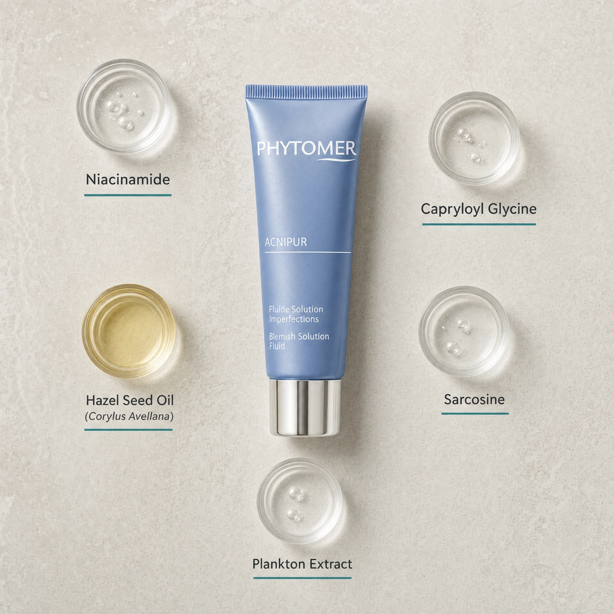 Phytomer Acnipur Blemish Solution Fluid 50ml flatlay on limestone surface with Niacinamide, Capryloyl Glycine, Hazel Seed Oil, Sarcosine, and Plankton Extract